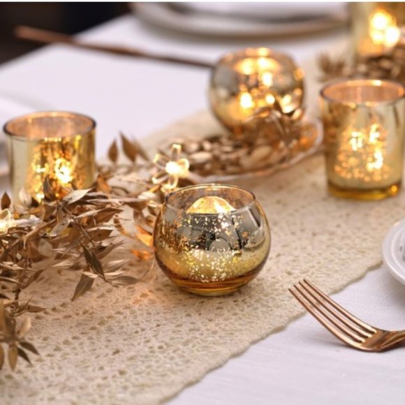 Set of 12 - Gold Mercury Glass Tealights / Votive Candle Holders - Centerpiece - Picture 4 of 10